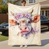 1pc Cow, Floral Outdoor Flannel Blanket Soft Warm All-Season Throw for Sofa Bed Car Camping Office, Cozy Gift Idea1324S