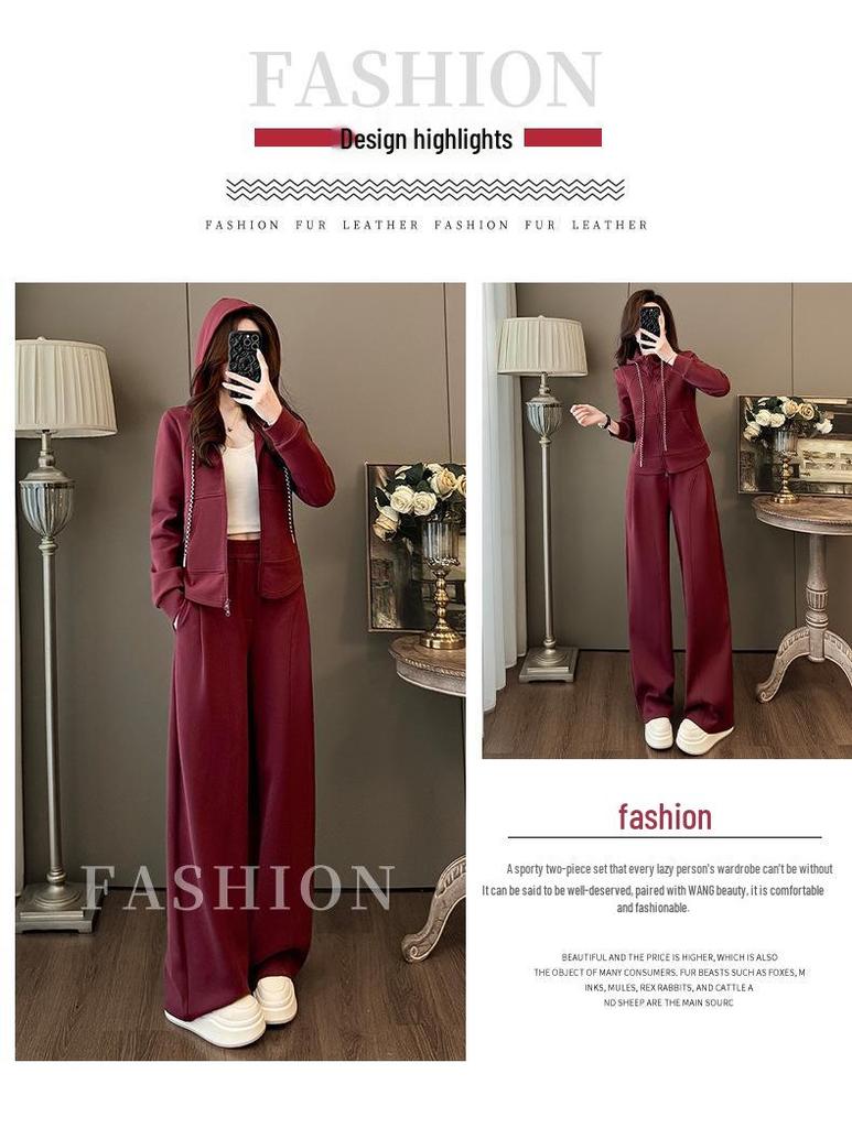 Spring Casual Fashion Set: Women's Korean-Style Zipper Cardigan Hoodie with Wide-Leg Pants, Two-Piece Set