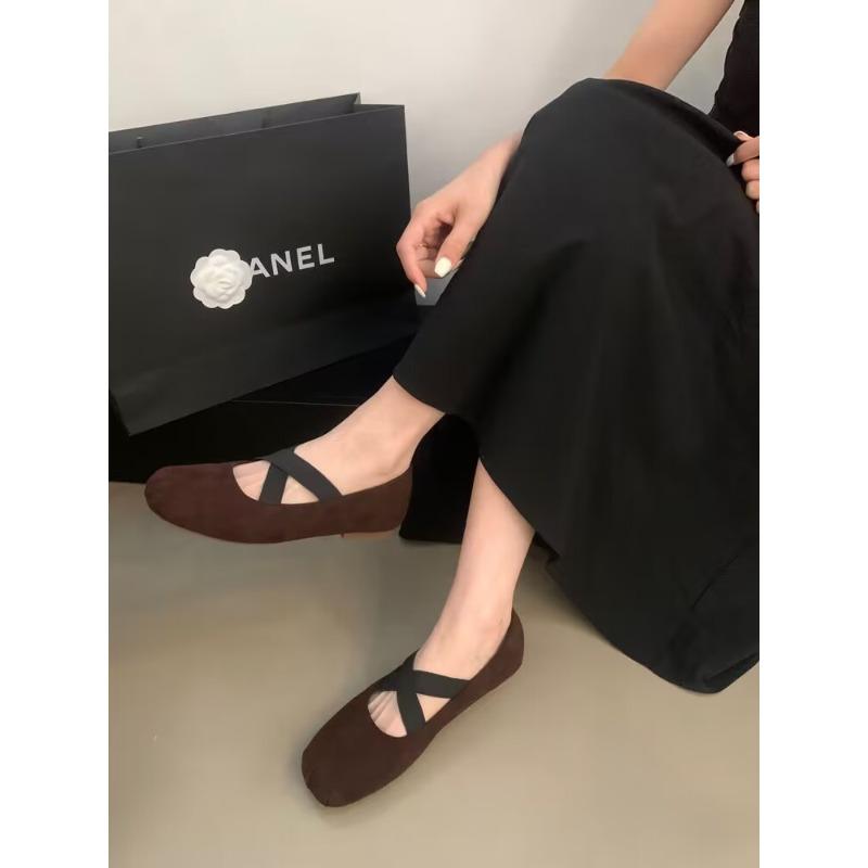 New Ballet Flats for Women Cross-tied Elastic Band Flats Square Toe Slip on Shoes Faux Suede Sneakers Black Zapatos Mujer