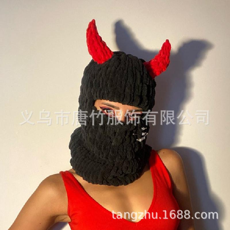 New Devil Horn Mask Thickened Fleece Knitted Hat Ice Strip Line Warm Neck Protection Punk Sweet Cool Wind Headgear Winter