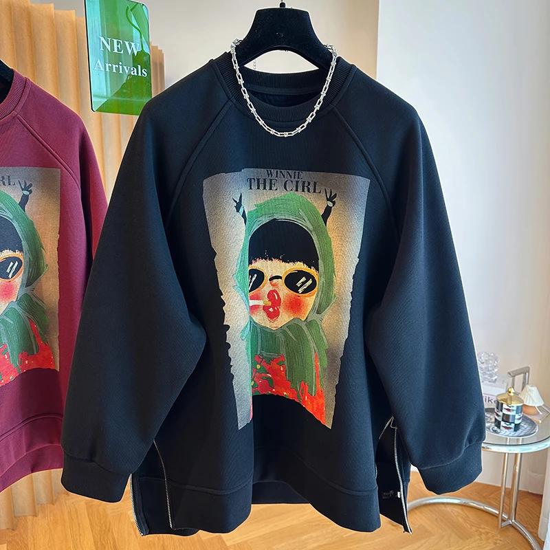 

Женский свитшот оверсайз с принтом, утолщенный, свободного кроя, с круглым вырезом, повседневный пуловер с длинным рукавом, зимний свитшот-топ S чёрный