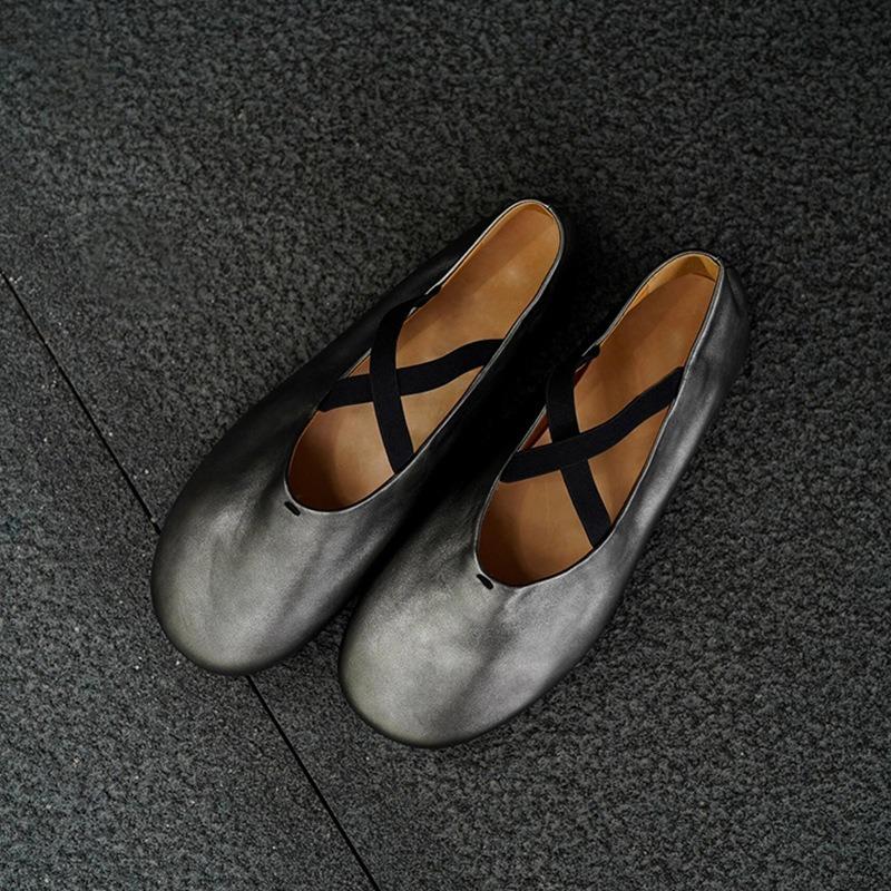 "Sheepskin Edition" Leather New Cross Ballet Shoes Women's Round Head Shallow Mouth Versatile Mary Jane Single Shoes Women