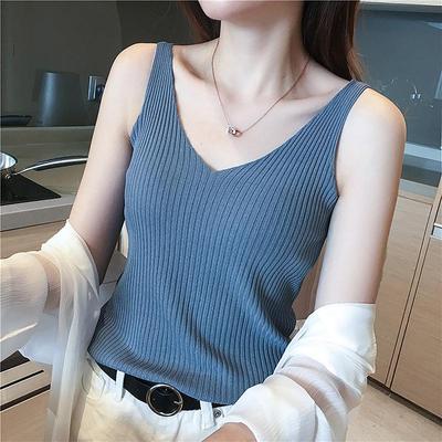 Women Summer V Neck Sleeveless Solid Color Tank Top Fit  Knitted Bottoming Sweater Vest