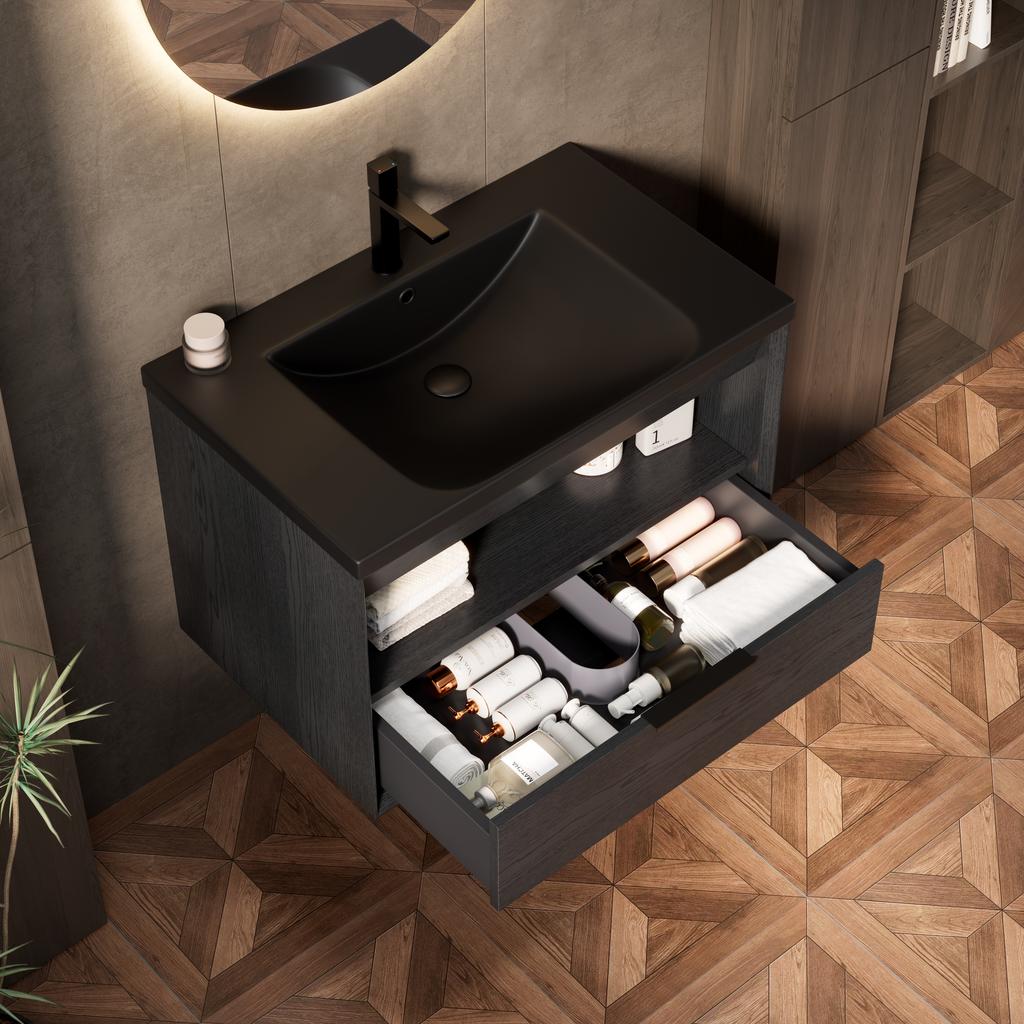 75cm Floating Bathroom Vanity with Integrated Undermount Ceramic Basin, Beveled Plywood Cabinet with Shelf and Drawer, Pre-assembled, Black Wood Grain