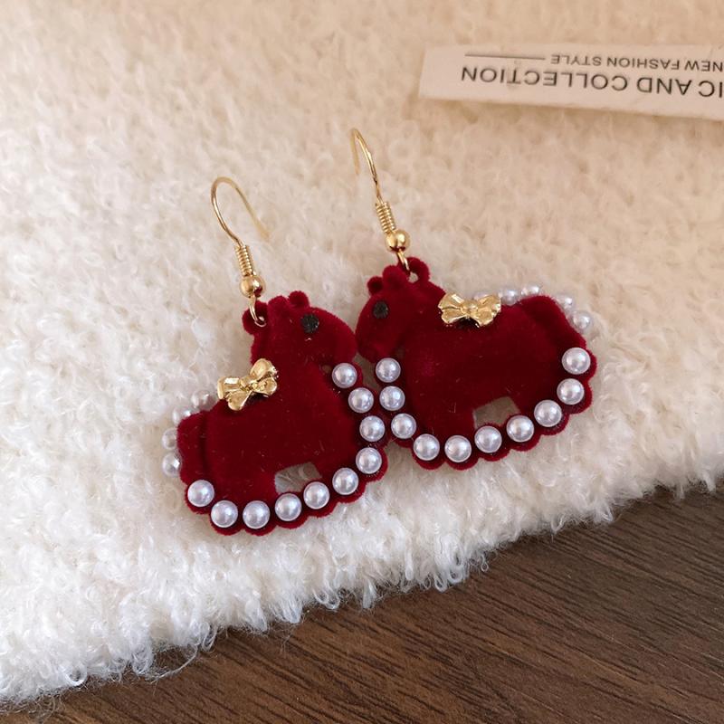 New Year Red Cute Flocking Horse Stud Earrings for Women Bowknot Imitation Pearl Ear Studs Sweet Jewelry Autumn Winter K1