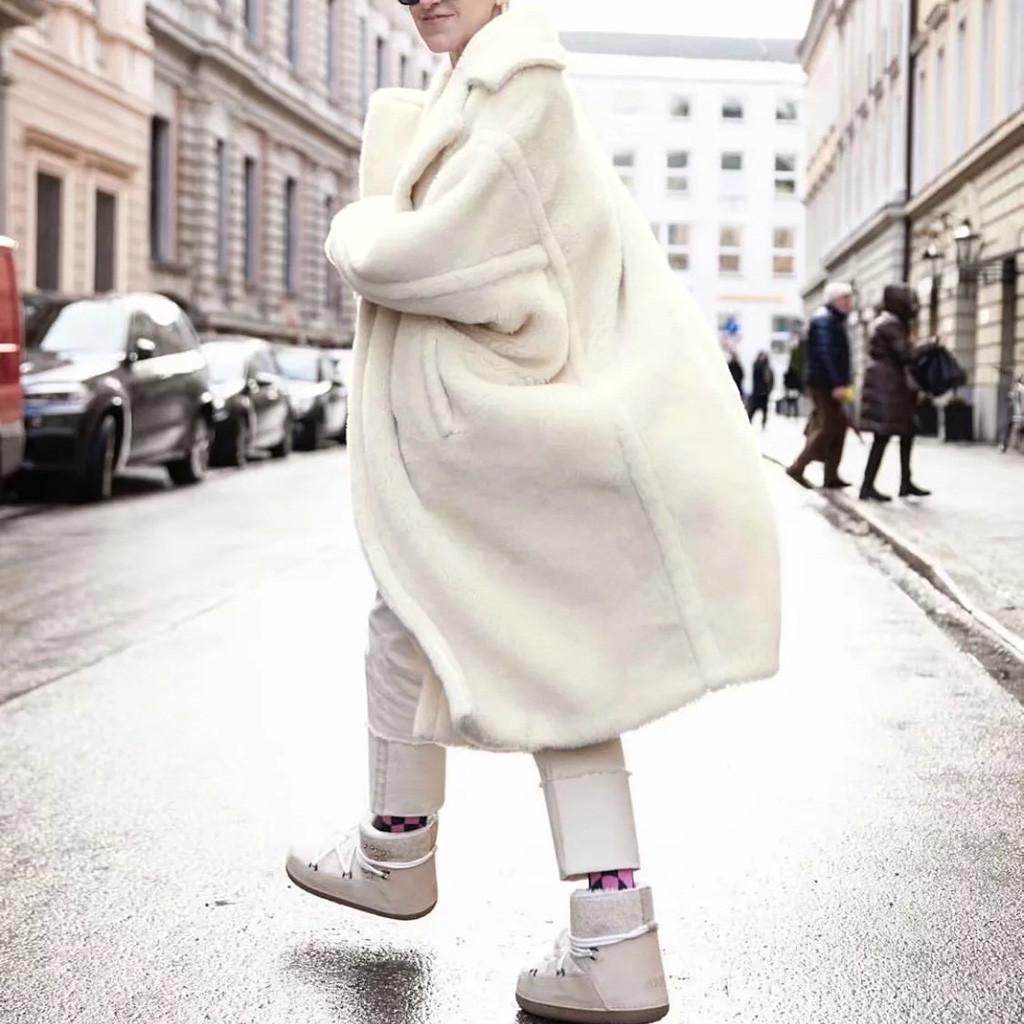 Women Outwear Long Sleeve Lamb Hair Lapel Warm Coat Plush Jacket Overcoat