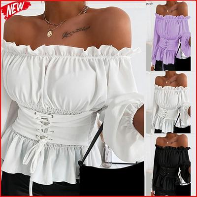 Nueva Moda Mujer Camisa Primavera Cuello de Encaje con Volantes Escote Correa de Cintura Blusa de Gasa Hombro Descubierto Manga Larga Abullonada Tops Dulces Talla Grande