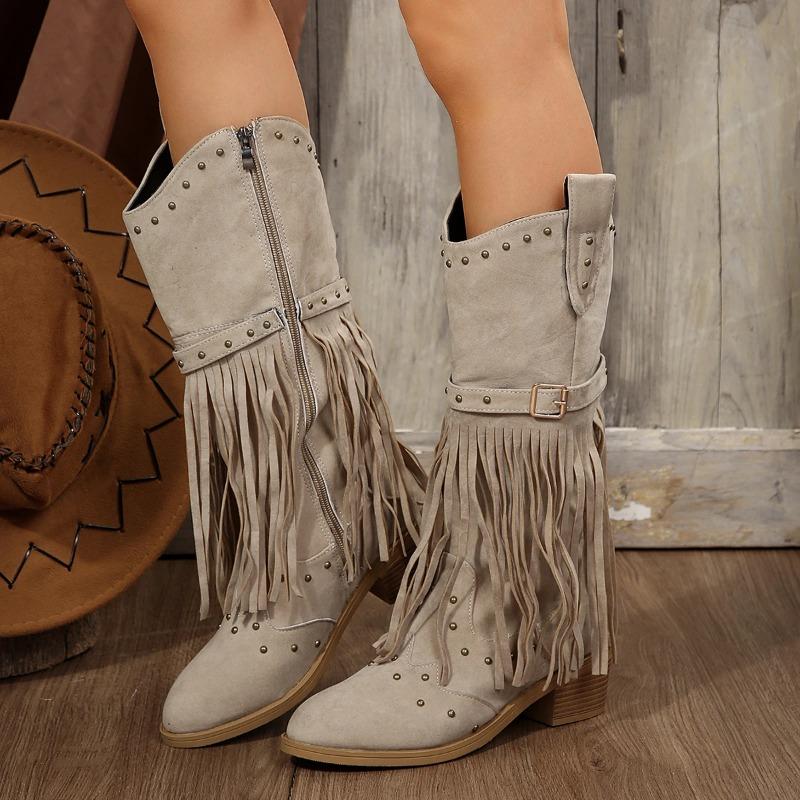 2025 Winter Women Fringes Thick Heel High Boots Suede Pointed Toe Outdoor Fashion Platform Shoes Willow Nails Pumps Women Shoes