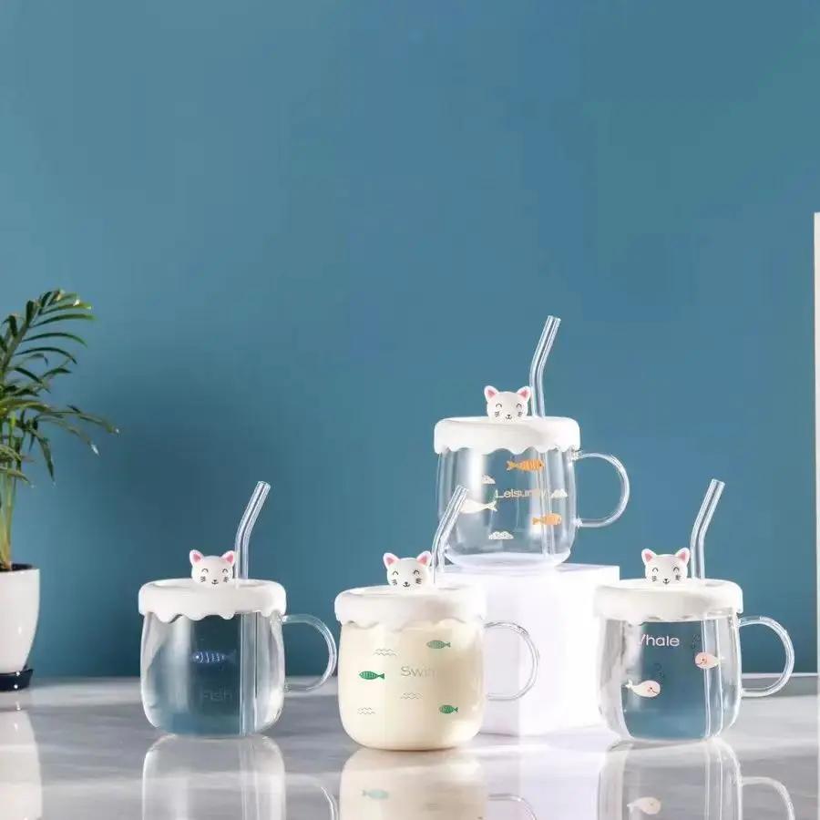 Kawaii Cups Cute Panda Glass Cup With Straw Cap Spoon Coffee Breakfast Cup Beer Mug Cups and Mugs Free Shipping Drinking Glasses
