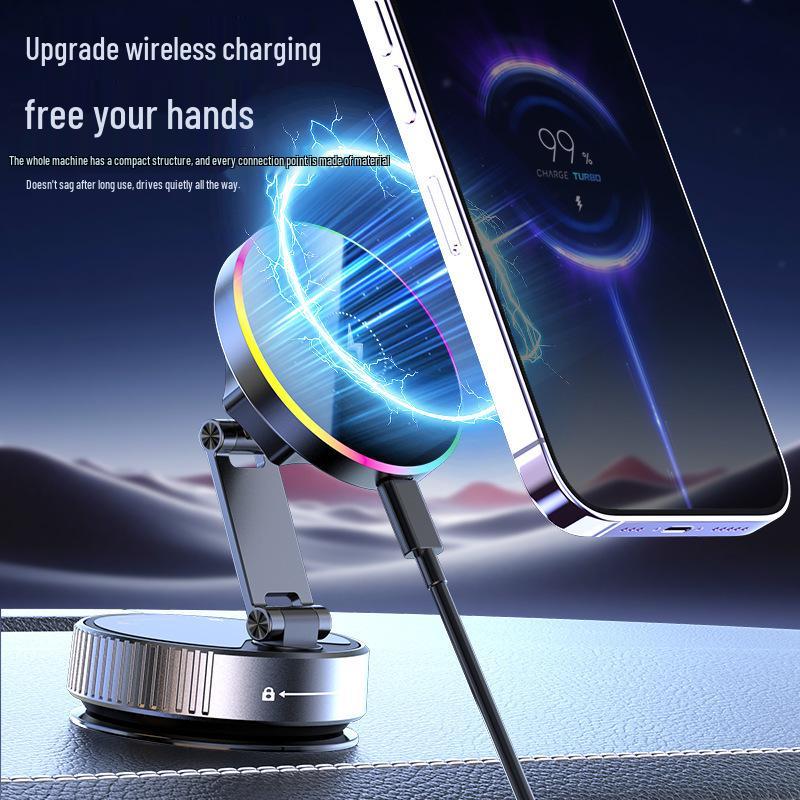 2025 Wireless Charger Car Mount with Nano Adhesive, Magnetic Suction Cup, and Seven-Color Ambient Light.