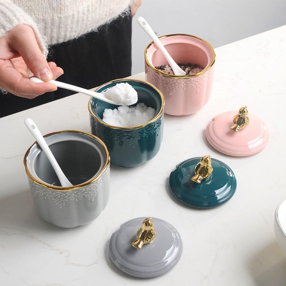 Kitchen Ceramic Storage Jar with Lid Geometric Storage Jar Sealed Snack Storage Jar Decoration Grain Separator Kitchen Supplies