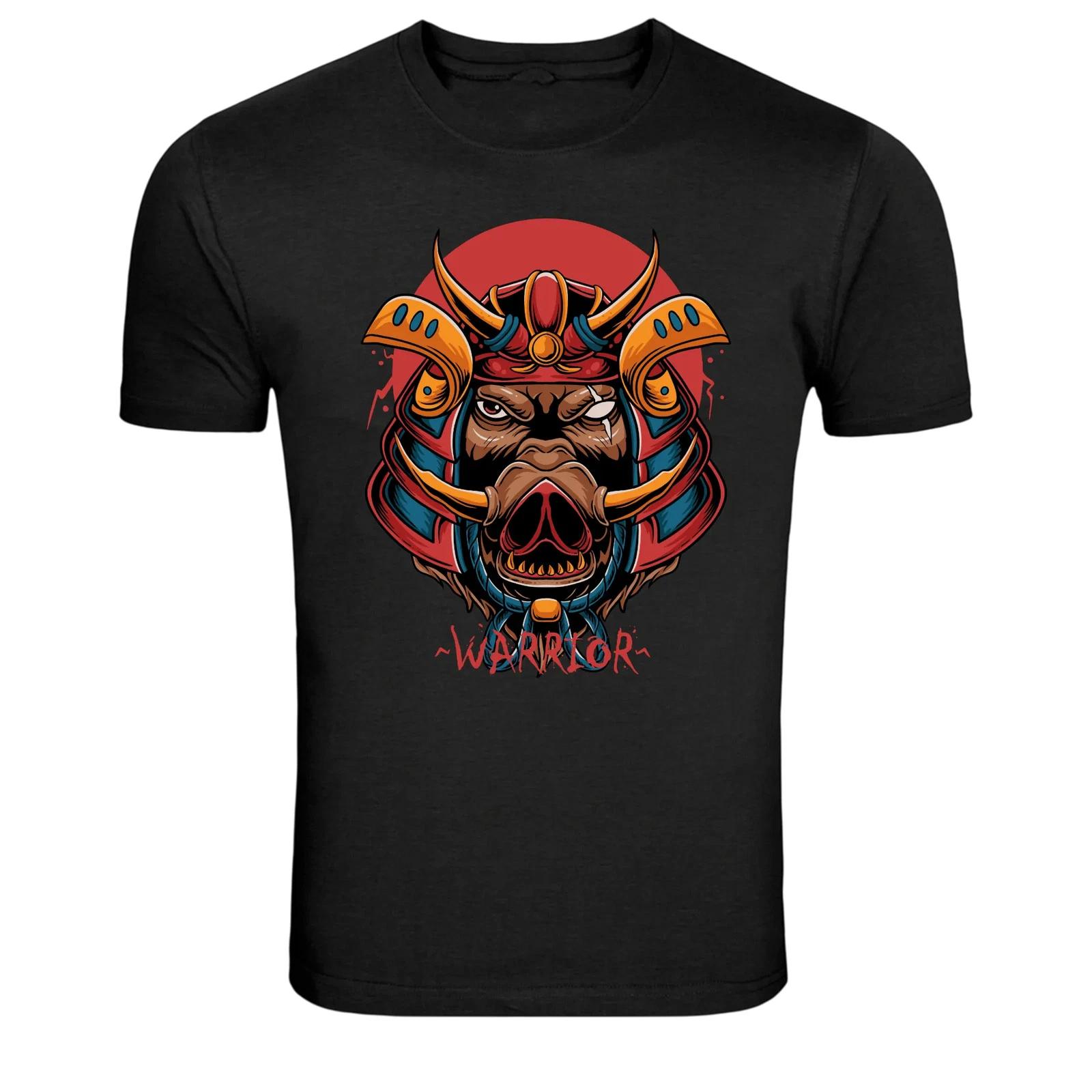 Samurai Warrior Boar Helmet Graphic T-Shirt Japanese Fighter Te S