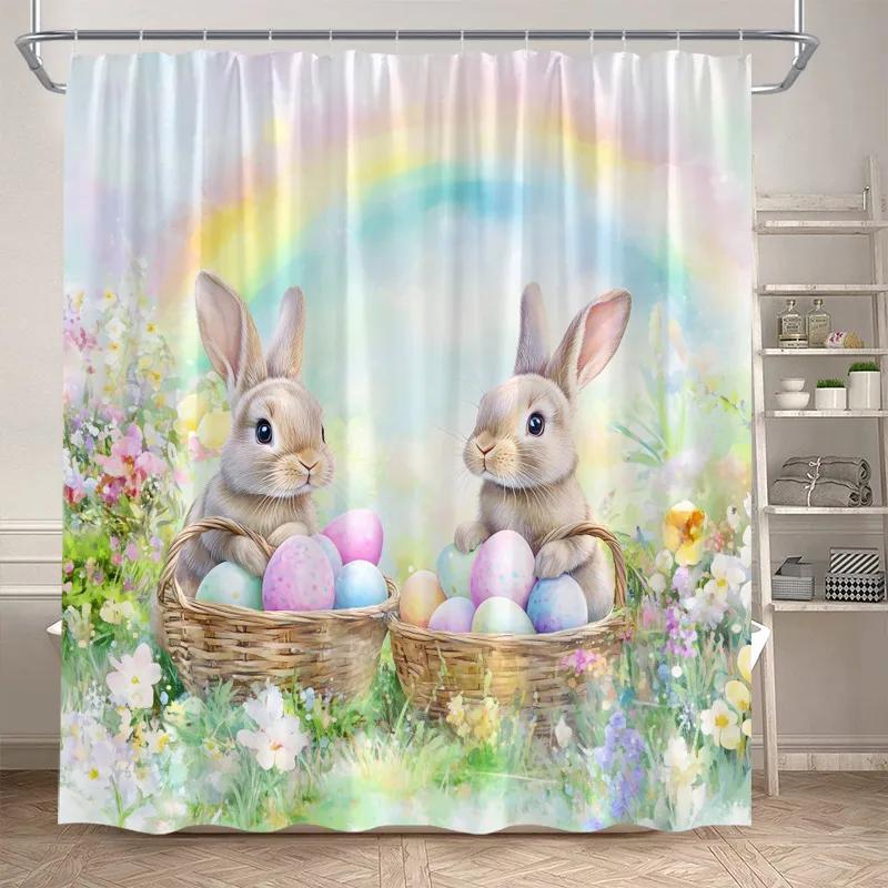 Funny Easter Shower Curtains Cute Cat Rabbit Eggs Butterfly Tulip Flowers Rustic Fabric Home Bathroom Curtain Decor With Hooks