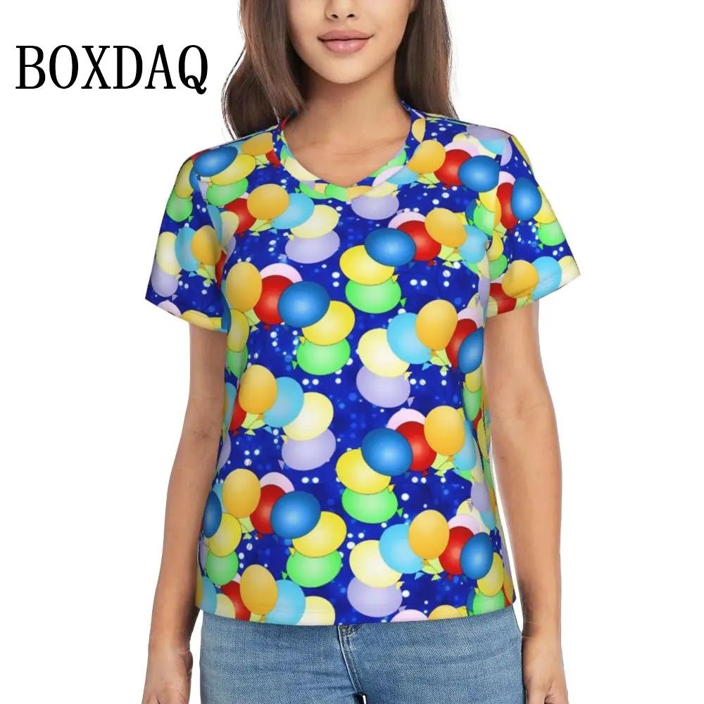 Rainbow Balloon Dogs Print T Shirt Female Summer V-Neck T Shirts Short Sleeve Street Fashion Shirt Women Cute Graphic Kawaii Top