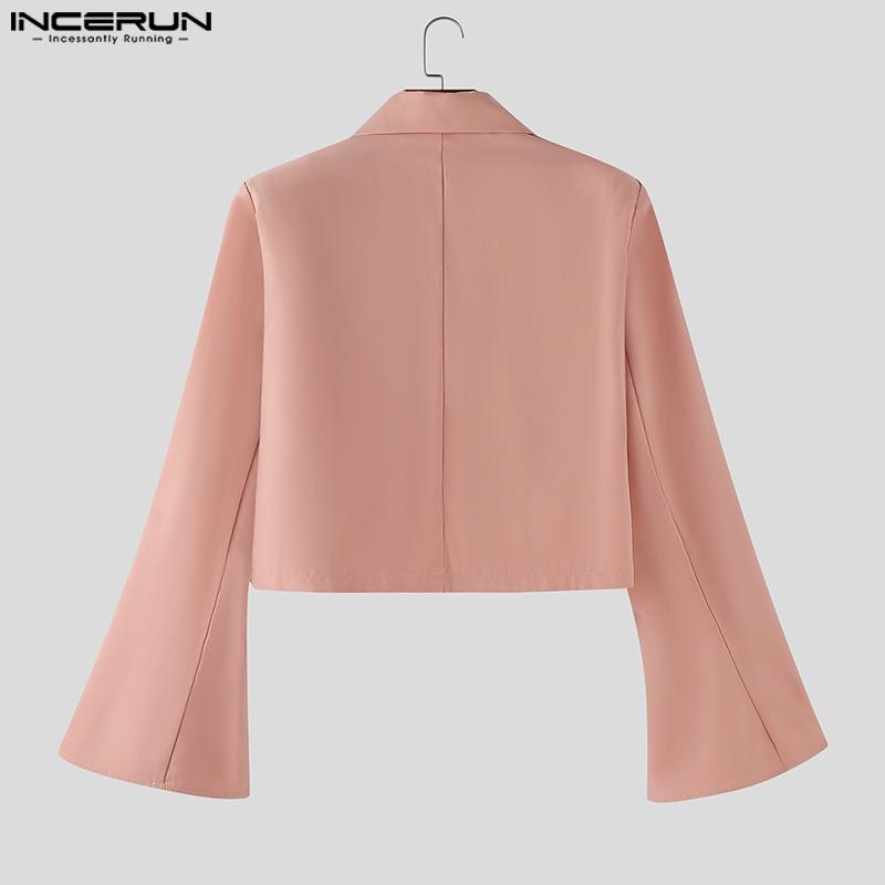 INCERUN Two Pieces Outfits Men Lapel Long Sleeve Cropped Blazer Long Flare Pants Sets