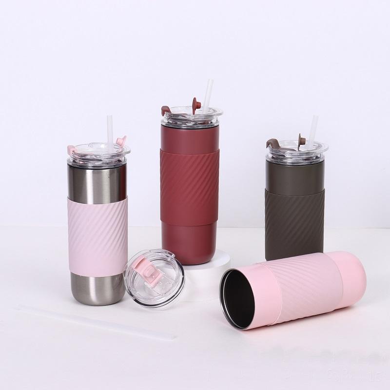 500ml Stainless Steel Insulated Tumbler with Silicone Grip Straw LeakProof Travel Coffee Mug Dual Drinking Mode