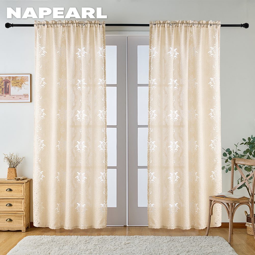 Cortina transparente de tule clássico e elegante, 1 peça, estilo NAPEARL, 10% blackout, versátil, jacquard, para cozinha, sala de estar, quarto, varanda, janela, decoração de casa
