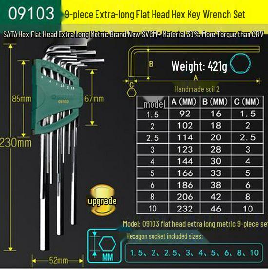 SATA 9-Piece Extra Long Metric Hex Key Set, Ball End, Stainless Steel, Flat Head
