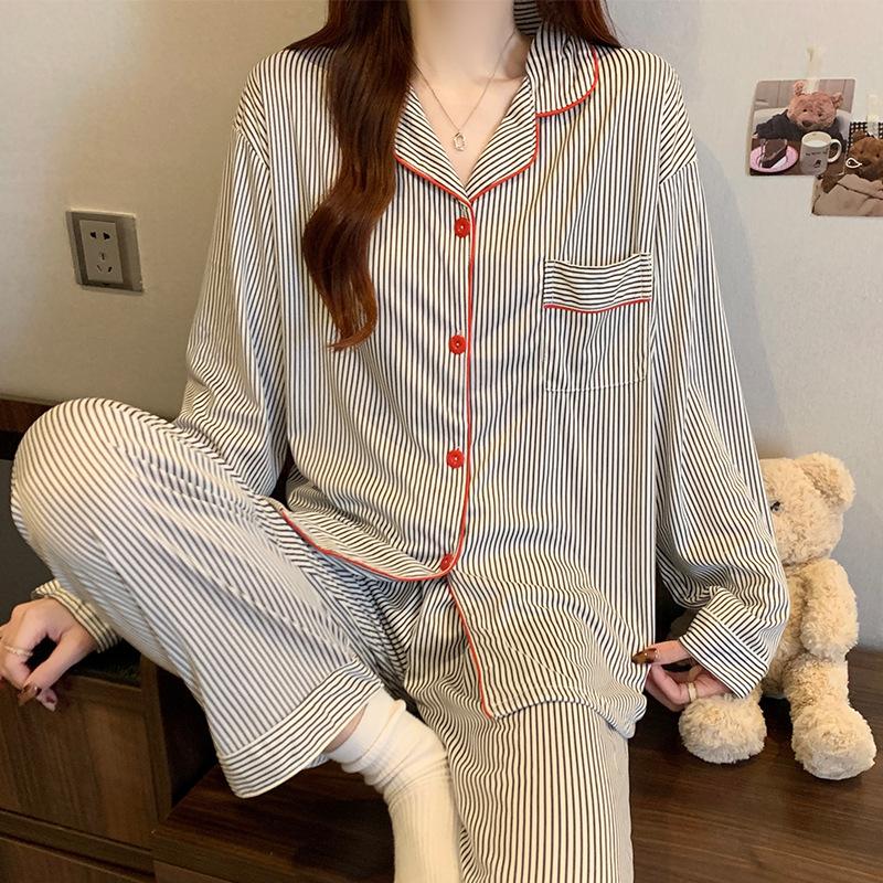 Spring Autumn Pajamas Women's Long Sleeve Trousers Cardigan Striped Sleepwear Loungewear Two Piece Set Ladies Nightwear Homewear