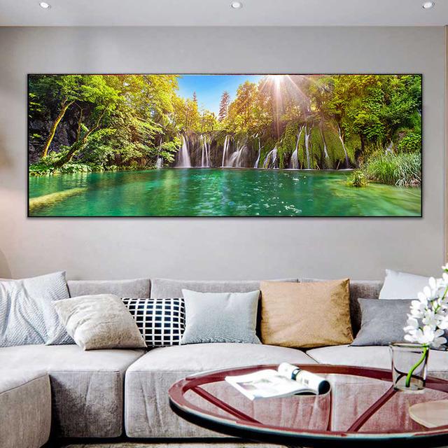 Krajina Přírodní Vodopád Obraz na plátně Zelený strom Jezerní list Plakáty a obrazy Nástěnný obraz Obývací pokoj Home Decor Bez rámu