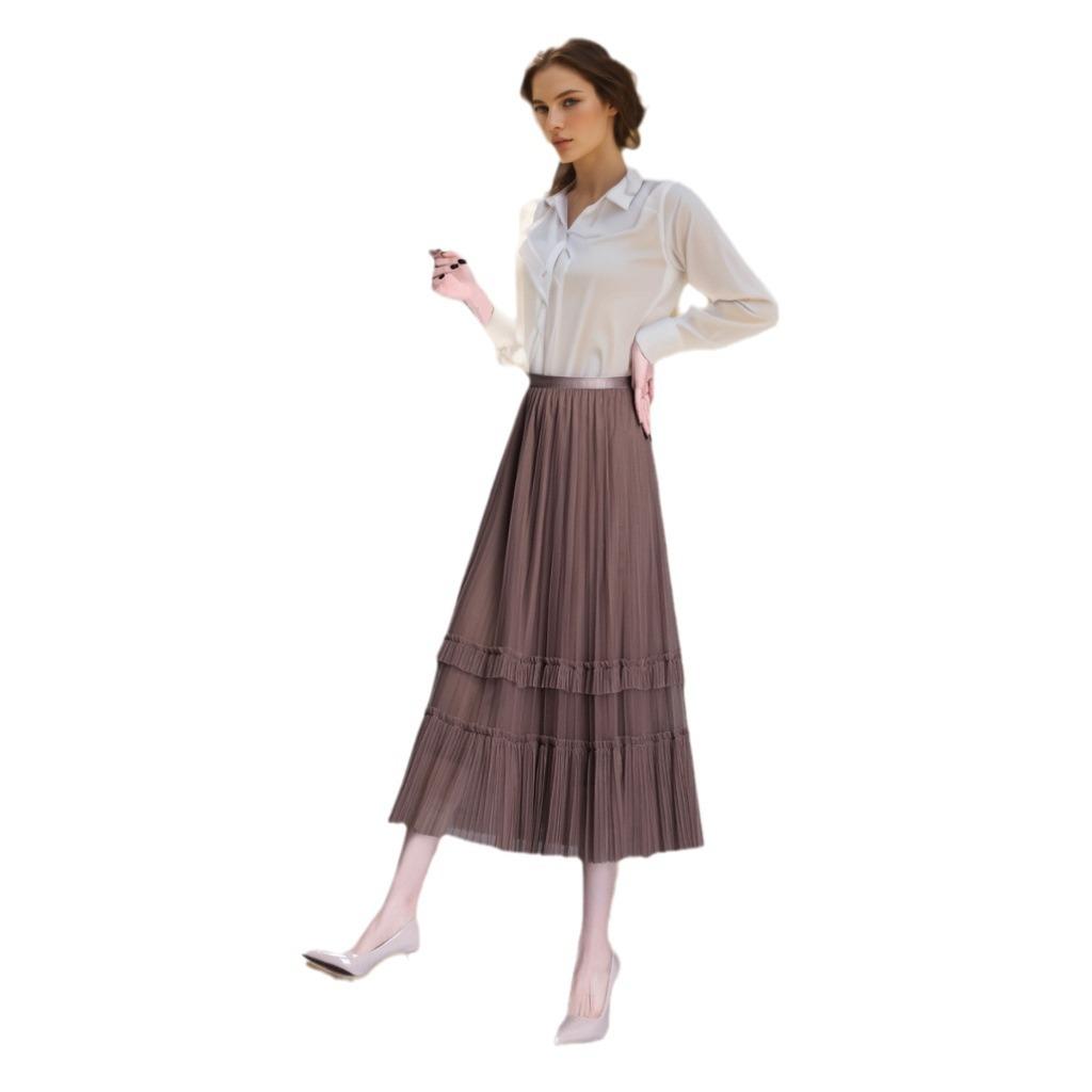 Bust skirt women's spring and autumn high-end pleated long skirt Han Daxiang mesh skirt solid color a word women's drape and thin HD