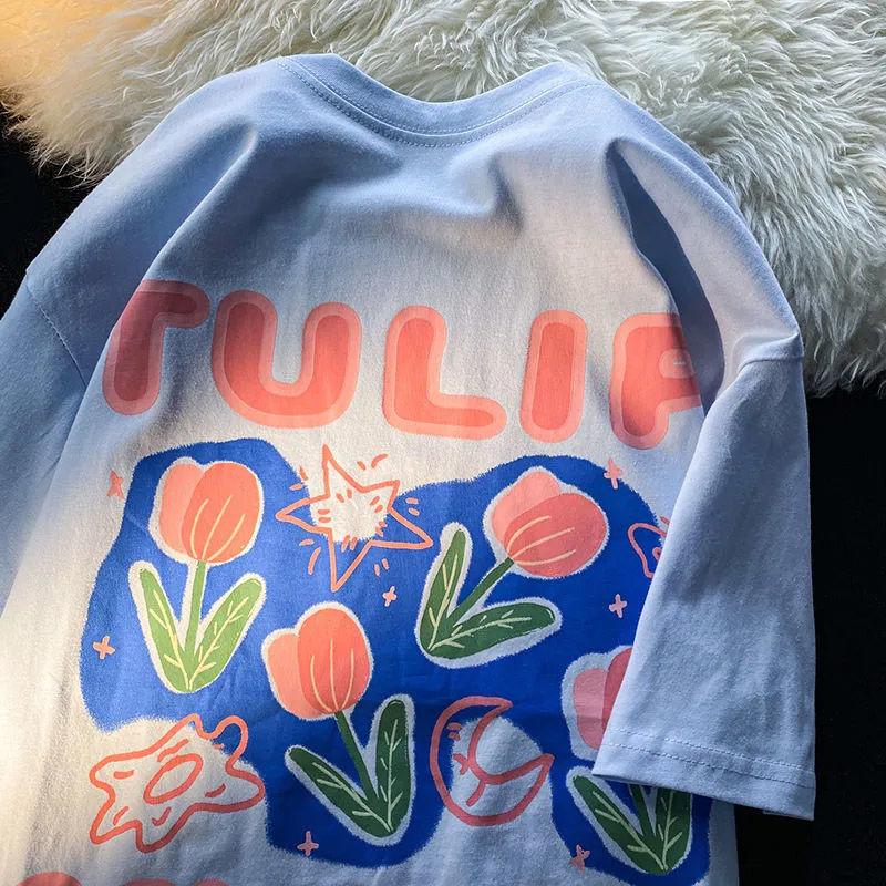 

Ретро милый тюльпан с граффити с принтом для мужчин и женщин, летняя модная тенденция, повседневный удобный топ из чистого хлопка для пар, топ с короткими рукавами в стиле Харадзюку