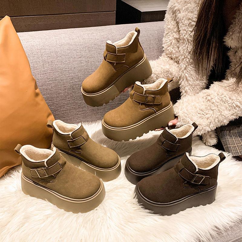 Retro matte leather one-pedal cotton shoes new snow boots high-top Birkenstocks women's shoes velvet thick-soled muffin shoes