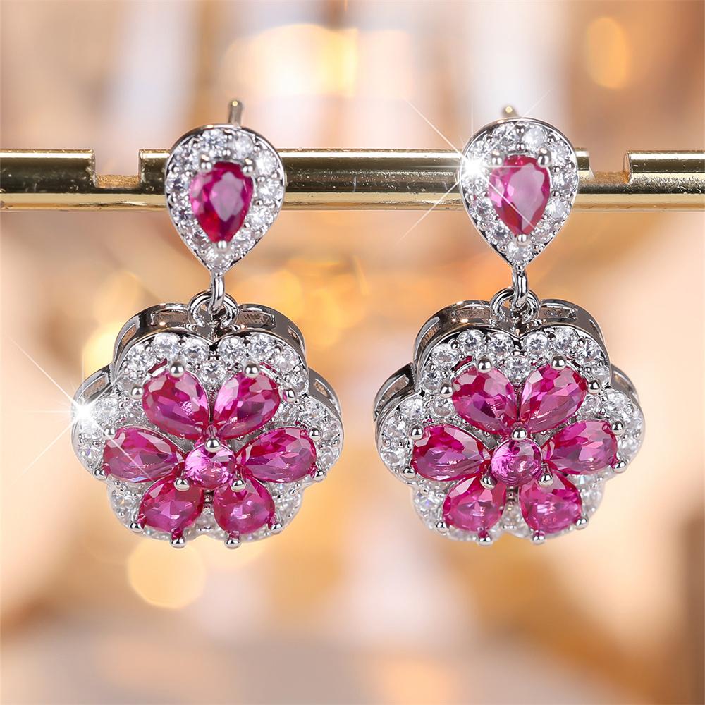 Water Drop Stone Rose Red Crystal Earring Small Flower Pendant Stud Earrings For Women Trendy Silver Color Jewelry Wedding Gifts