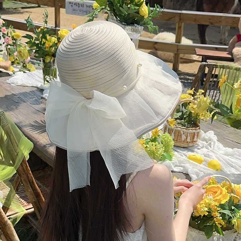 Hut Damen Sonnenschutz große Krempe Fischerhut Netz Schleife Sommer Sonnenschutz atmungsaktiver Sonnenhut