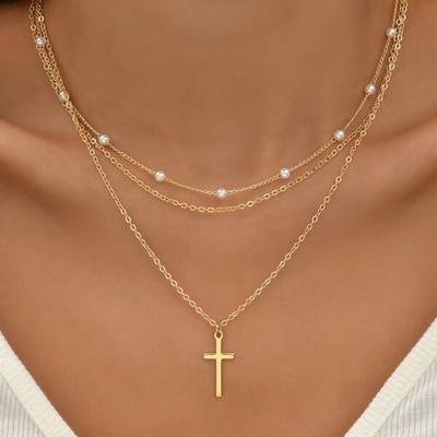 2025 Pearl Cross Pendant Necklace for Women Charms Fashion Bohemia Gold Color Clavicle Chain Female Vintage Jewelry Trendy Gifts