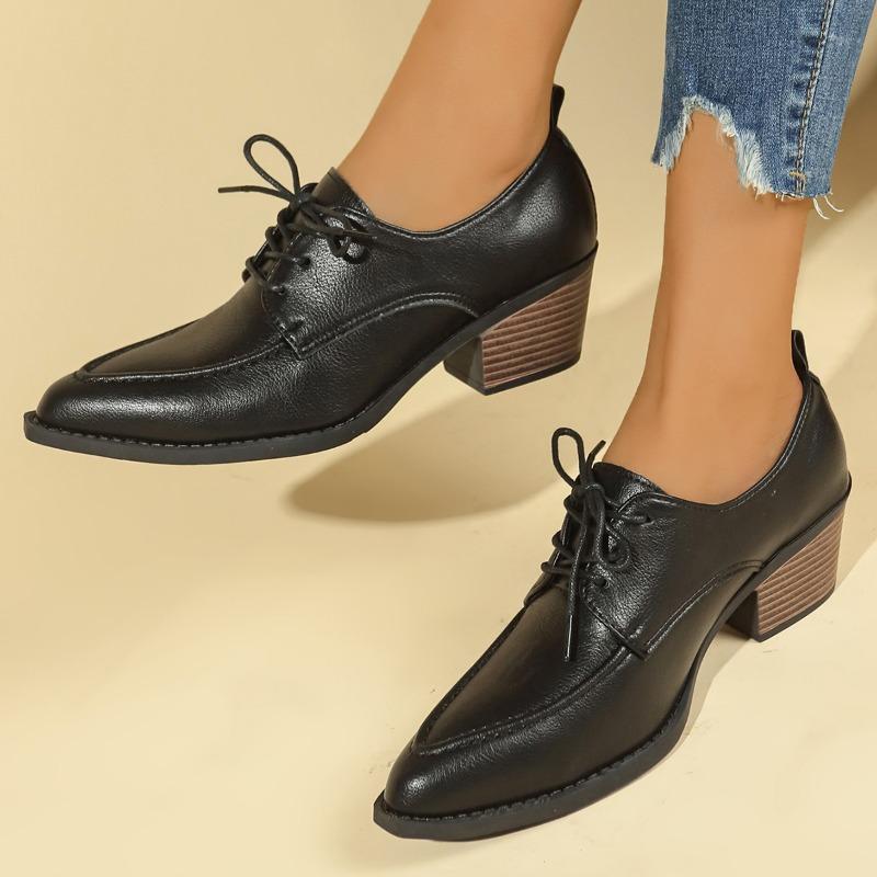 Fashion Women's Coarse Heel Shoes Spring New Pointy Front Lacing Splicing Leather Anti-slip Wear-resistant Low-top Shoes