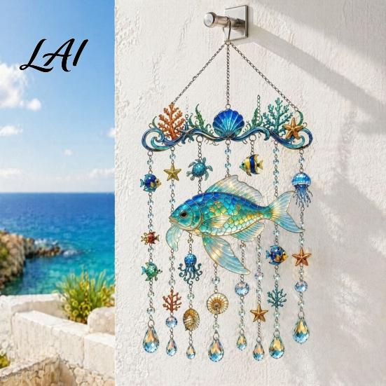 Balcony Hanging Decor Ocean-Themed Wind Chime Decoration Animal Sun Catcher with Faux Crystal Drops Tropical Fish Garden Decoration Stained