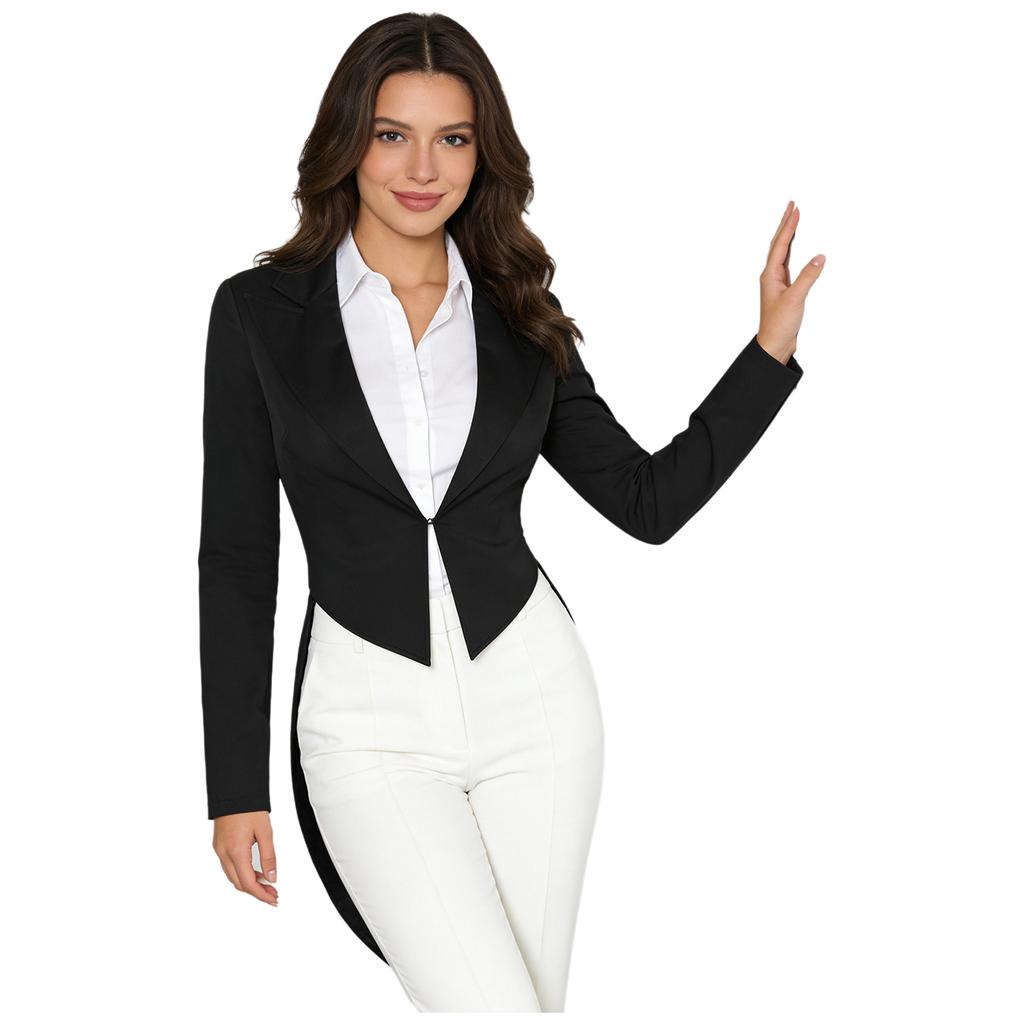 S-XL Donna Giacca Vintage Frac Revers a Punta Scollo a V Apertura Frontale Manica Lunga Giacca da Smoking Capospalla per Cocktail Cameriere Cosplay