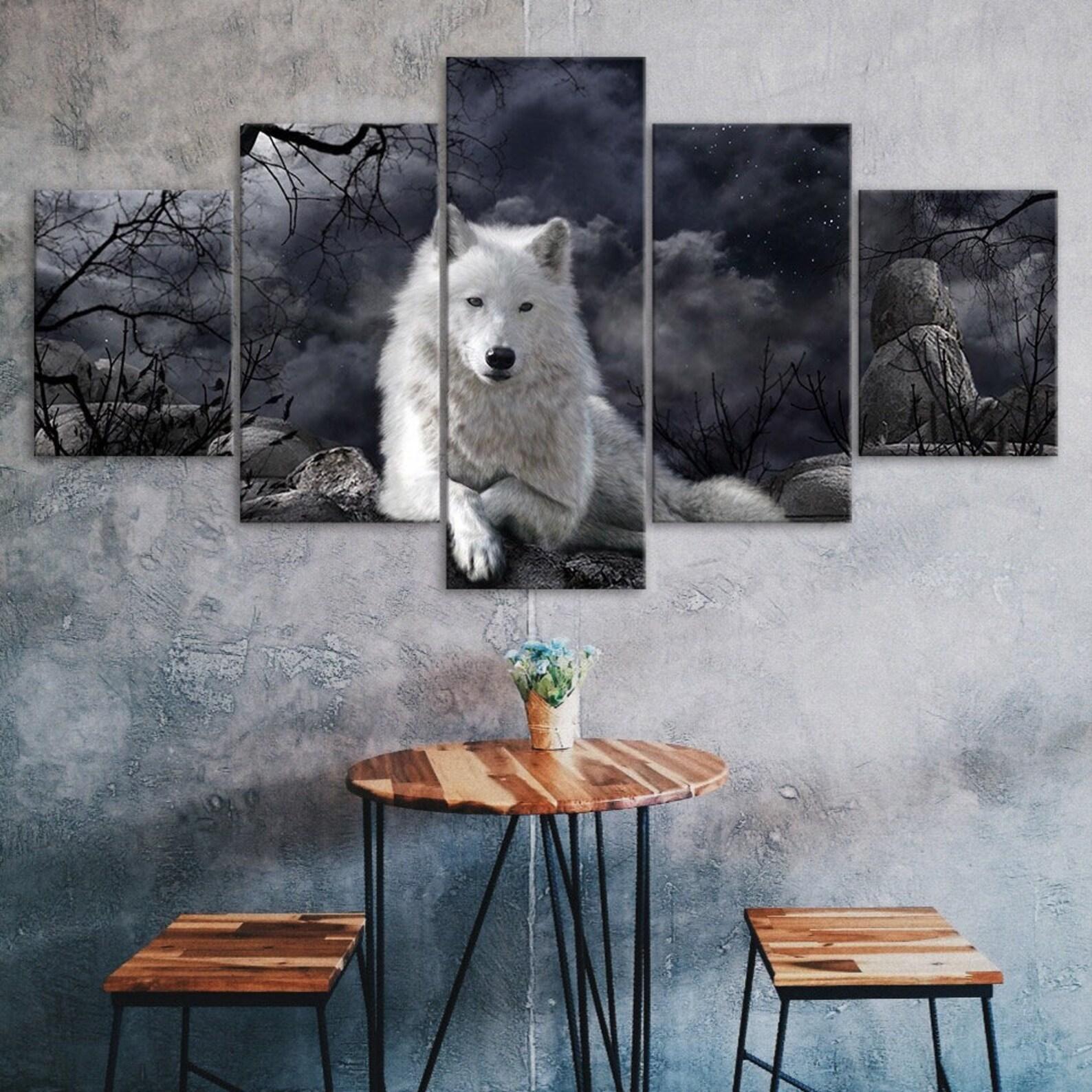 

White Wolf Dark Night 5 Piece Five Panel Wall Canvas Print Modern Poster Pictures Home Decor Gift For Him For Her 20X35 20X45 20X55CM