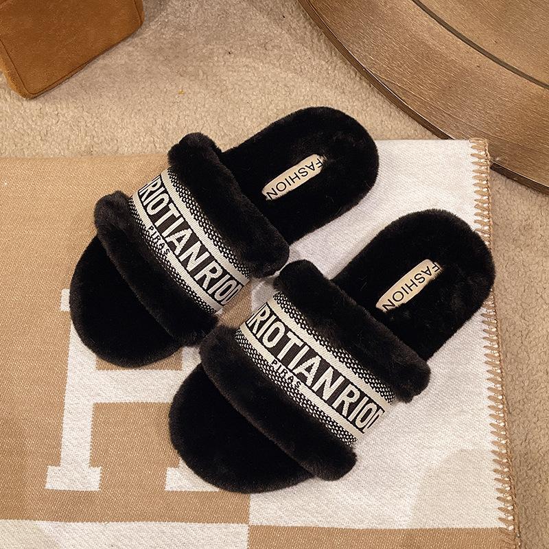 Size 35-42 Women's Slippers for Wearing Outside Flat Slippers Women's Autumn and Winter Letter Suede One Foot Cotton Slippers