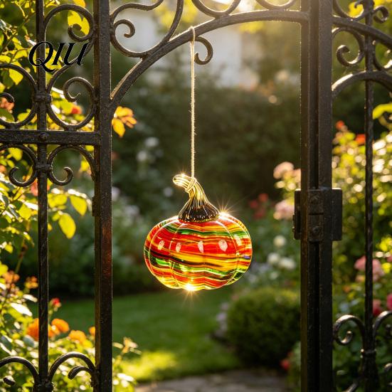 Unique Glass Art Pendant Hand Blown Pumpkin Figurine, Creative Adornment for Desktop Decoration, Fall Rainbow Light Refraction Decor