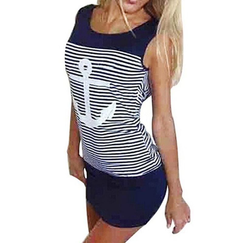 Vest Anchor Stripe Dress Sleeveless Tops Oneck Hooded Sexy Bodycon Mini Dresses