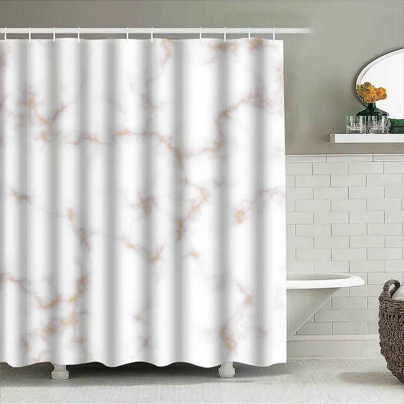 Luxury White Marble Shower Curtain Set For Bathroom Decor Modern Gold Accents Bath Mat And Hook Package Kit (200 X 180Cm)