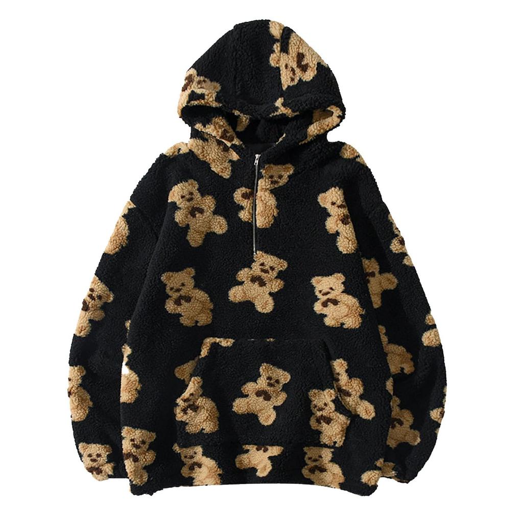 Damen Bären Half-Zip Mantel Bedruckter Doppellagiger Fleece Pullover Hoodie Lässig Locker Tasche Langarm Pullover