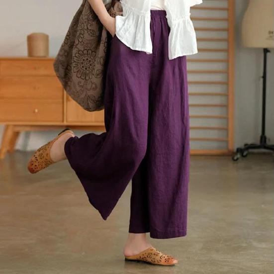 Women Summer Spring Pants Wide Leg Oversized Straight Solid Color Elastic Waist Match Top Pockets Deep Crotch Lady Ninth Pants Lady Garment