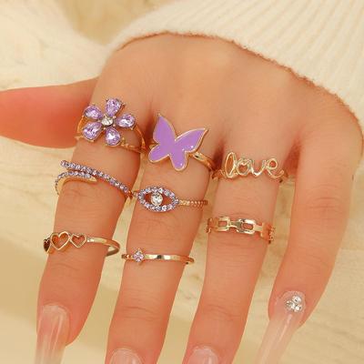 Purple Drip Oil Butterfly & LOVE Heart 8-Piece Ring Set