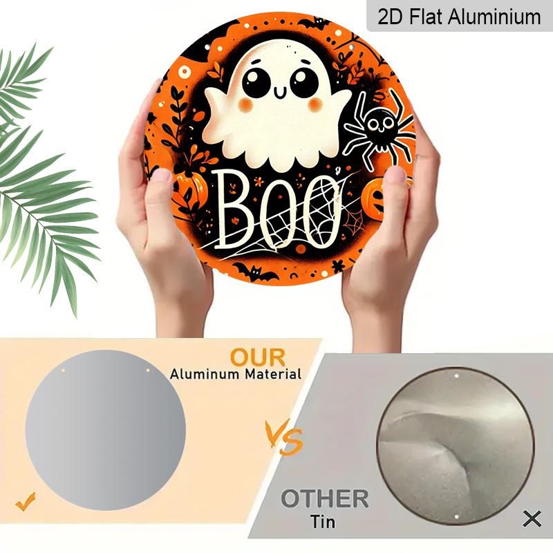 2D Flat, 1pc Halloween Ghost Aluminum Ornament, Circular Wall Craft, Suitable for Wreath Center, Wall And Room Decor - Durable, Easy-To-Clean Holiday