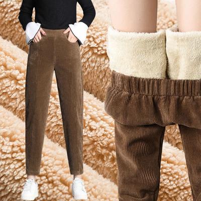 Women Fashion Winter Thicken Plush Corduroy Casual Pants Warm High Waist Trousers