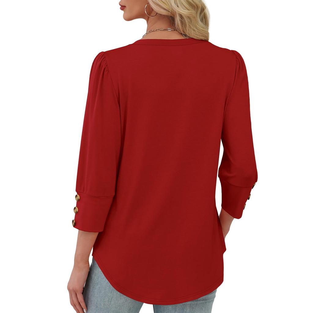 Women's Fashion Casual Solid Color V-neck  T-shirt Top