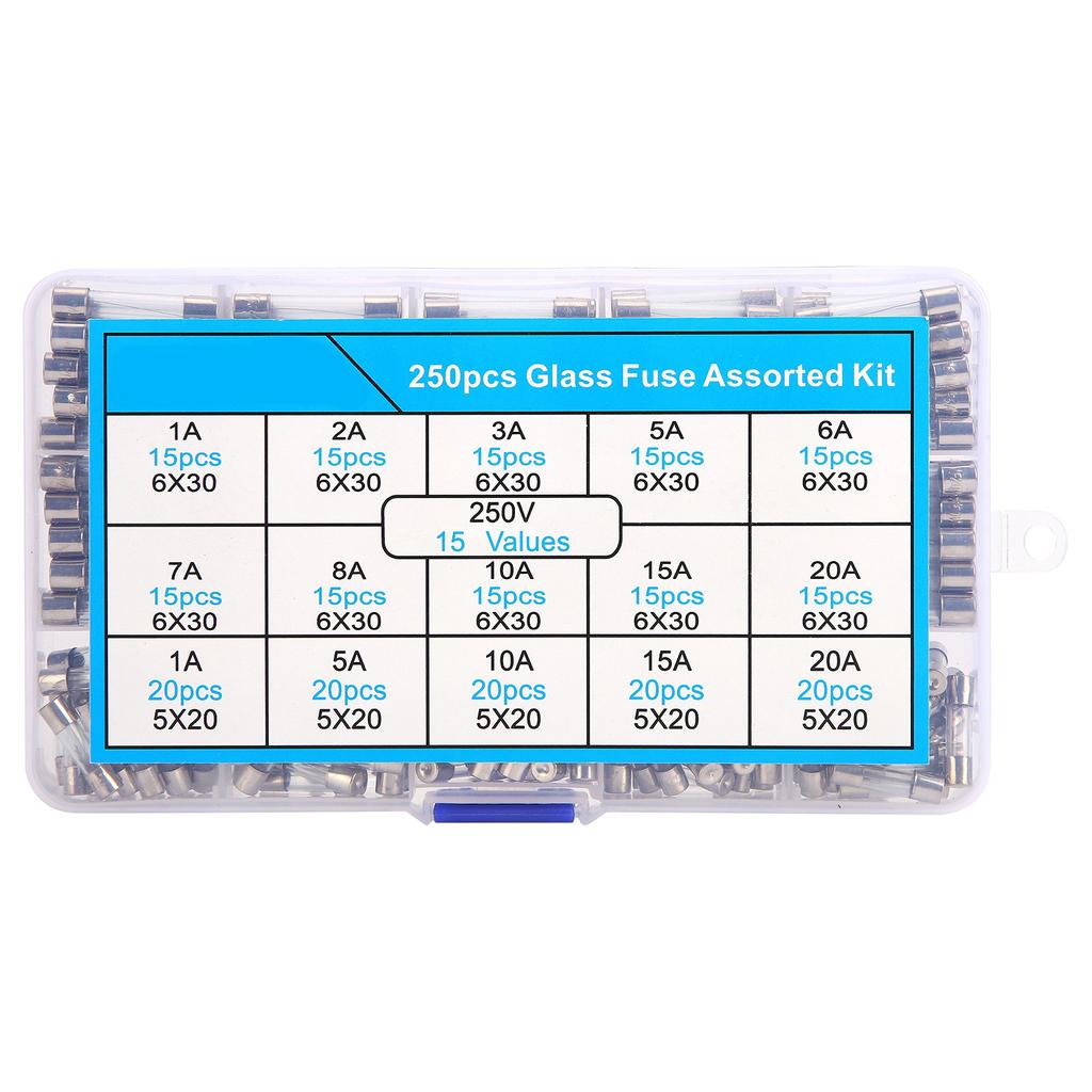 250 Pcs Glass Fuse 6x305x20mm Insulation Heat Resistance Flame Retardancy Fuses Assortment Kit