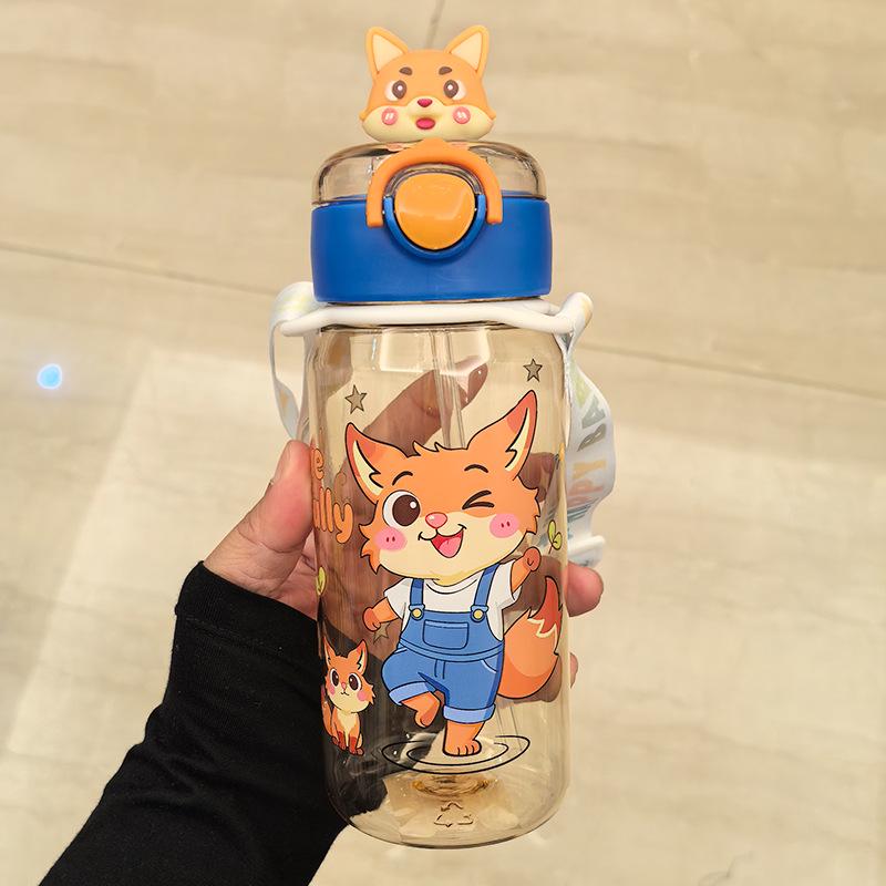 Portable Cartoon Water Cup with Strap - Durable, High-Temperature Resistant Plastic, One-Button Open Straw