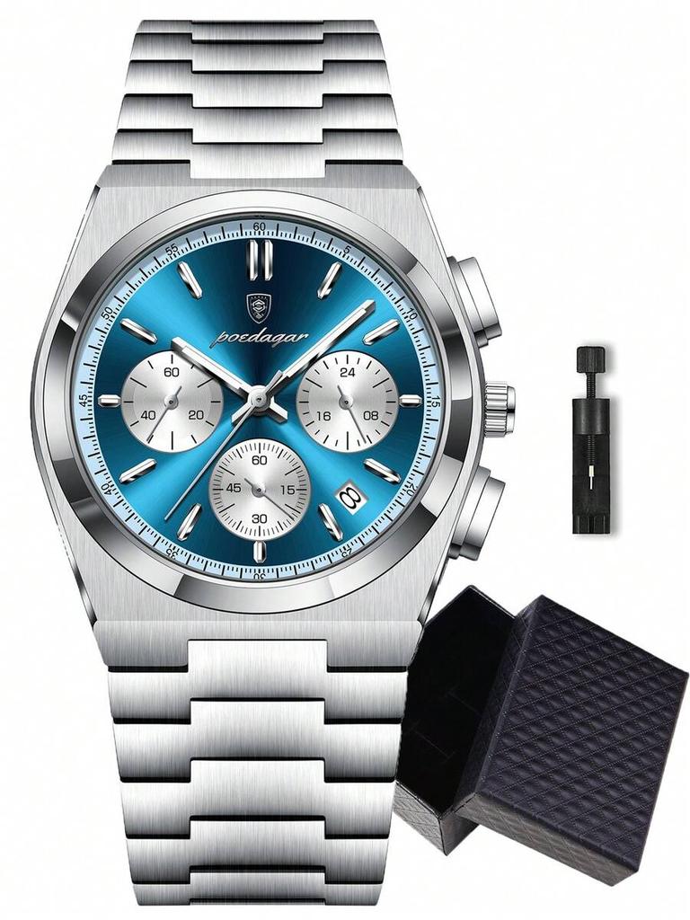 POEDAGAR 1pc Premium Men's Stainless Steel Quartz Calendar Chronograph Wristwatch, Business Waterproof Luminous Watch, Men's Gift