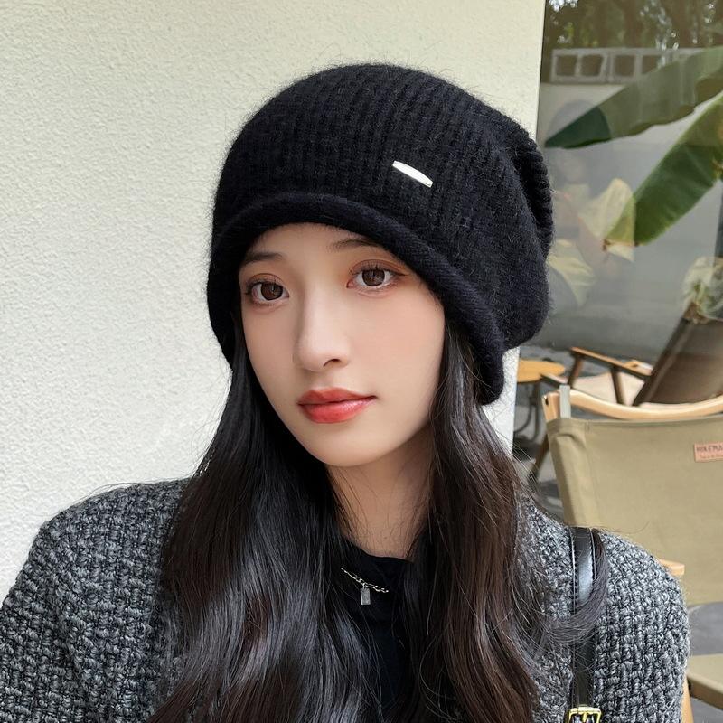 Stacks of Hats for Women Curly Knitted Pullover Hat Autumn and Winter Rabbit Hair Ear Protection Warm Wool Hat Showing Face Small Cold Hat