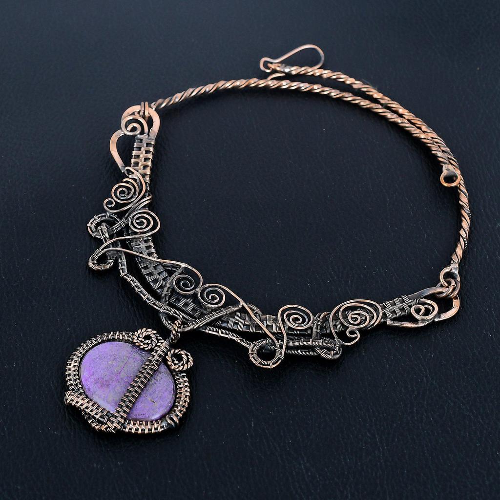 Purpurite 999 Copper Wire Wrapped Necklace with Adjustable Chain, Handmade Gemstone Jewelry Necklace For Memorial Day