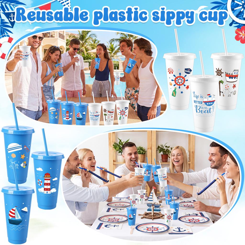 12 Pcs Nautical Bachelorette Party Plastic Cups With Lids And Straws 24Oz